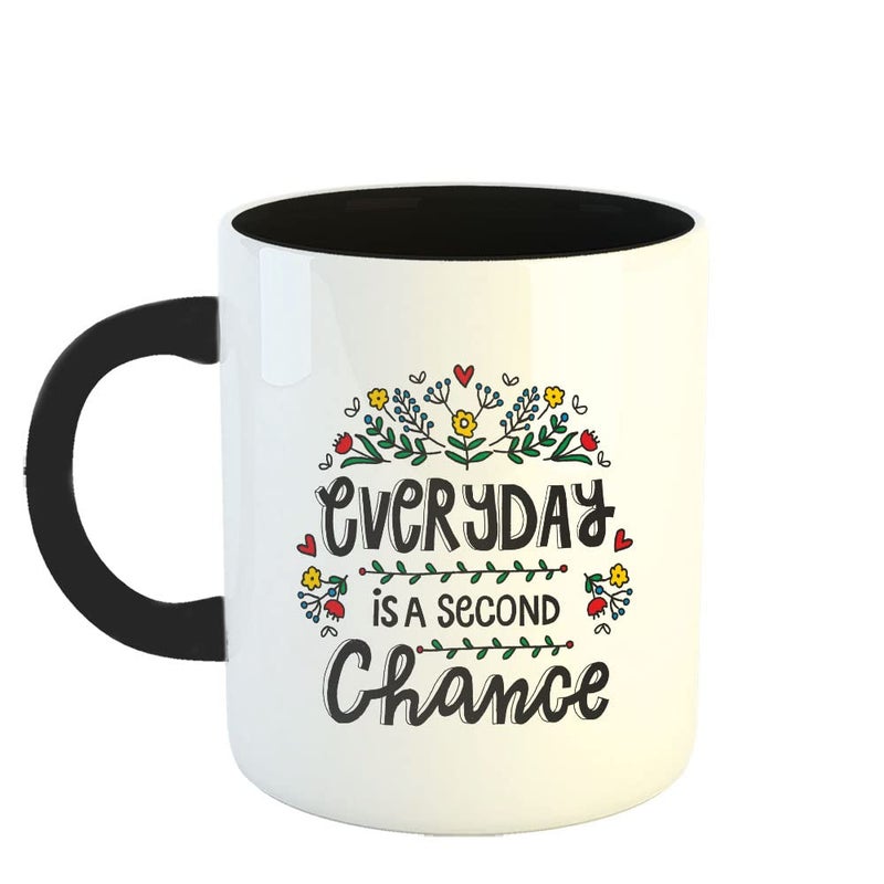 Happu Printed Ceramic Coffee Mug Motivational Quotes Everyday is a Second Chance Gift for Colleagues Office Desk Gift Gift for Mens Gift for Womens Gift for Trainers 325 ML11Oz 2702BK - Image 1