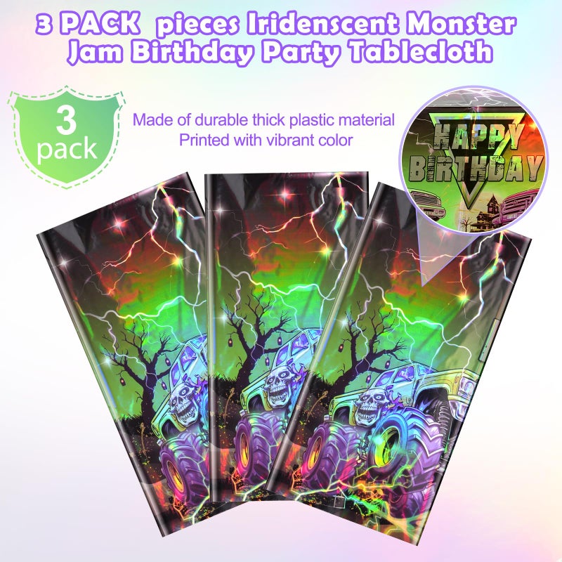Jectivs 3 Pcs Monster Truck Iridescence Party Tablecloth Decorations,54 x 108 Inch Plastic Happy Birthday Truck Table Cloth Disposable Purple Green Laser Table Cover for Birthday Racing Themed Party Supplies - Image 3
