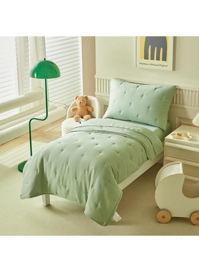 DuShow Green 4 Piece Toddler Bedding Set for Boys Girls,Embroidery Microfiber Crib Bed Sheets Set Soft Boho Comforter Set Bed in a Bag,Include Quilted Comforter,Flat Sheet,Fitted Sheet,Pillowcase - Image 1