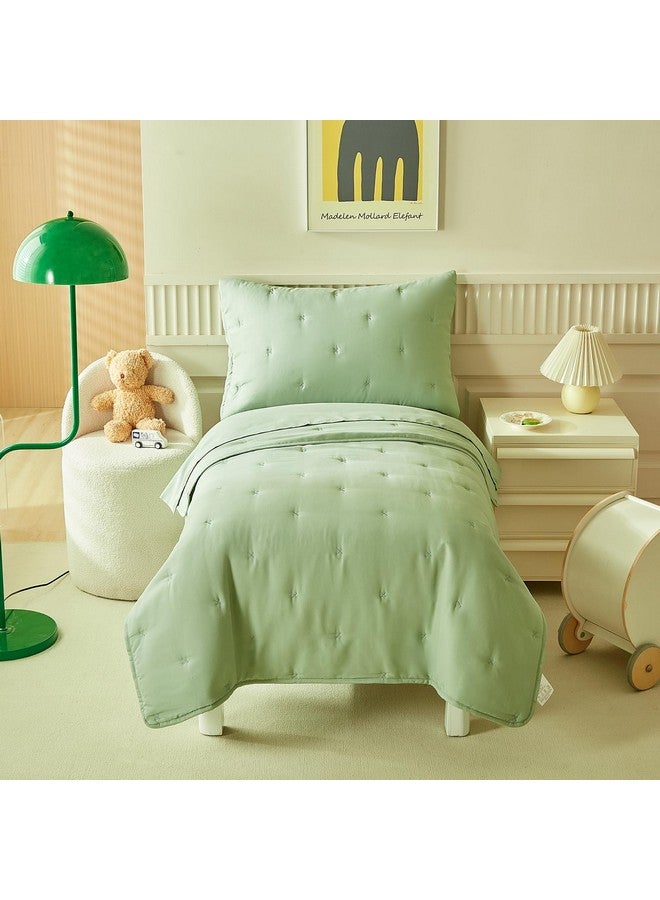 DuShow Green 4 Piece Toddler Bedding Set for Boys Girls,Embroidery Microfiber Crib Bed Sheets Set Soft Boho Comforter Set Bed in a Bag,Include Quilted Comforter,Flat Sheet,Fitted Sheet,Pillowcase - Image 2