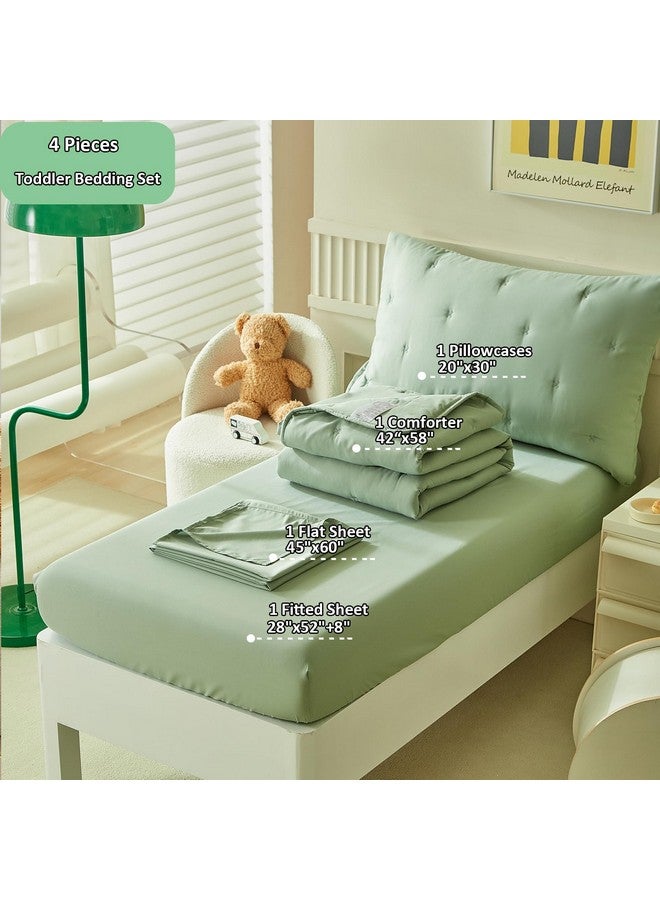 DuShow Green 4 Piece Toddler Bedding Set for Boys Girls,Embroidery Microfiber Crib Bed Sheets Set Soft Boho Comforter Set Bed in a Bag,Include Quilted Comforter,Flat Sheet,Fitted Sheet,Pillowcase - Image 3