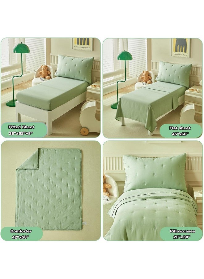 DuShow Green 4 Piece Toddler Bedding Set for Boys Girls,Embroidery Microfiber Crib Bed Sheets Set Soft Boho Comforter Set Bed in a Bag,Include Quilted Comforter,Flat Sheet,Fitted Sheet,Pillowcase - Image 4