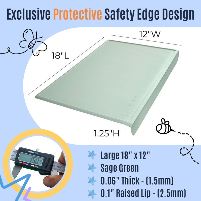 NEOZENSE Silicone Placemats for Toddlers & Kids with Angle-Protective Safety Edge â€“ Baby Placemats for Restaurants & Dining Table â€“ Non-Slip & BPA-Free Food Mat â€“ 1.5mm Thick, 18"x12", Sage Green - Image 3
