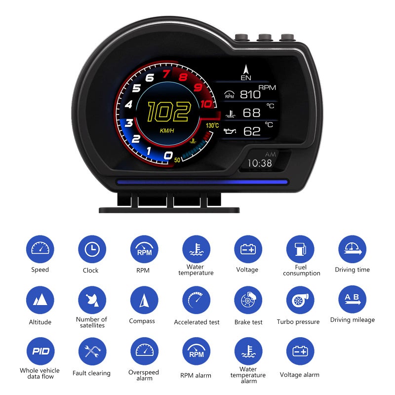 MH Head Up Display for Car, OBD2+GPS Dual System, OBD2 Gauge Display, GPS Speedometer, Tachometer, Water Temp, Volt, Overspeed Alarm Fault Diagnosis - Image 3