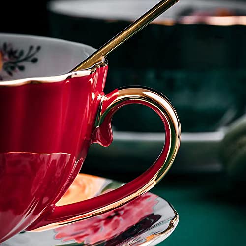 Rain House Porcelain Tea Cup with Saucers and Spoon, 2 Sets of 8 Oz Floral Coffee Mug with Gold Trim Holder, Royal Ceramic Teacup Set, Espresso Latte Mugs for Wedding Birthday Party Table Supplies (Red + Green) - Image 2