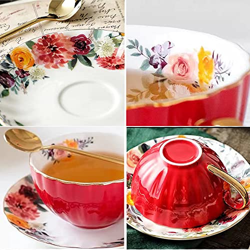 Rain House Porcelain Tea Cup with Saucers and Spoon, 2 Sets of 8 Oz Floral Coffee Mug with Gold Trim Holder, Royal Ceramic Teacup Set, Espresso Latte Mugs for Wedding Birthday Party Table Supplies (Red + Green) - Image 4