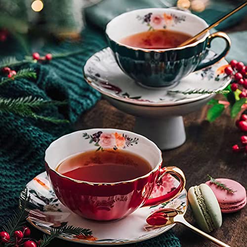 Rain House Porcelain Tea Cup with Saucers and Spoon, 2 Sets of 8 Oz Floral Coffee Mug with Gold Trim Holder, Royal Ceramic Teacup Set, Espresso Latte Mugs for Wedding Birthday Party Table Supplies (Red + Green) - Image 1