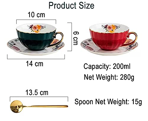 Rain House Porcelain Tea Cup with Saucers and Spoon, 2 Sets of 8 Oz Floral Coffee Mug with Gold Trim Holder, Royal Ceramic Teacup Set, Espresso Latte Mugs for Wedding Birthday Party Table Supplies (Red + Green) - Image 5
