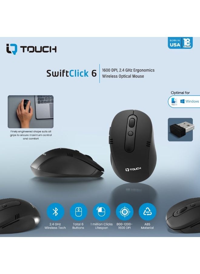 IQ TOUCH IQ TOUCH Wireless Mouse, 2.4G Ergonomic Optical Mouse with 6 Buttons, Noiseless Click, 1 Million Clicks Lifespan, ABS Material, Compatible with Laptop, PC, Mac, Tablet & Computer, SWIFTCLICK  - Image 4