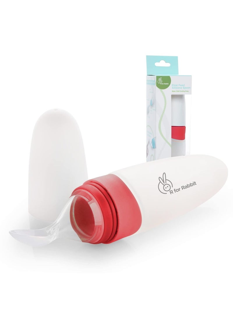 R for Rabbit first feed food feeder with 90ml capacity for 4m plus baby premium soft silicone food grade bpa free for cereals infant kids red - Image 1