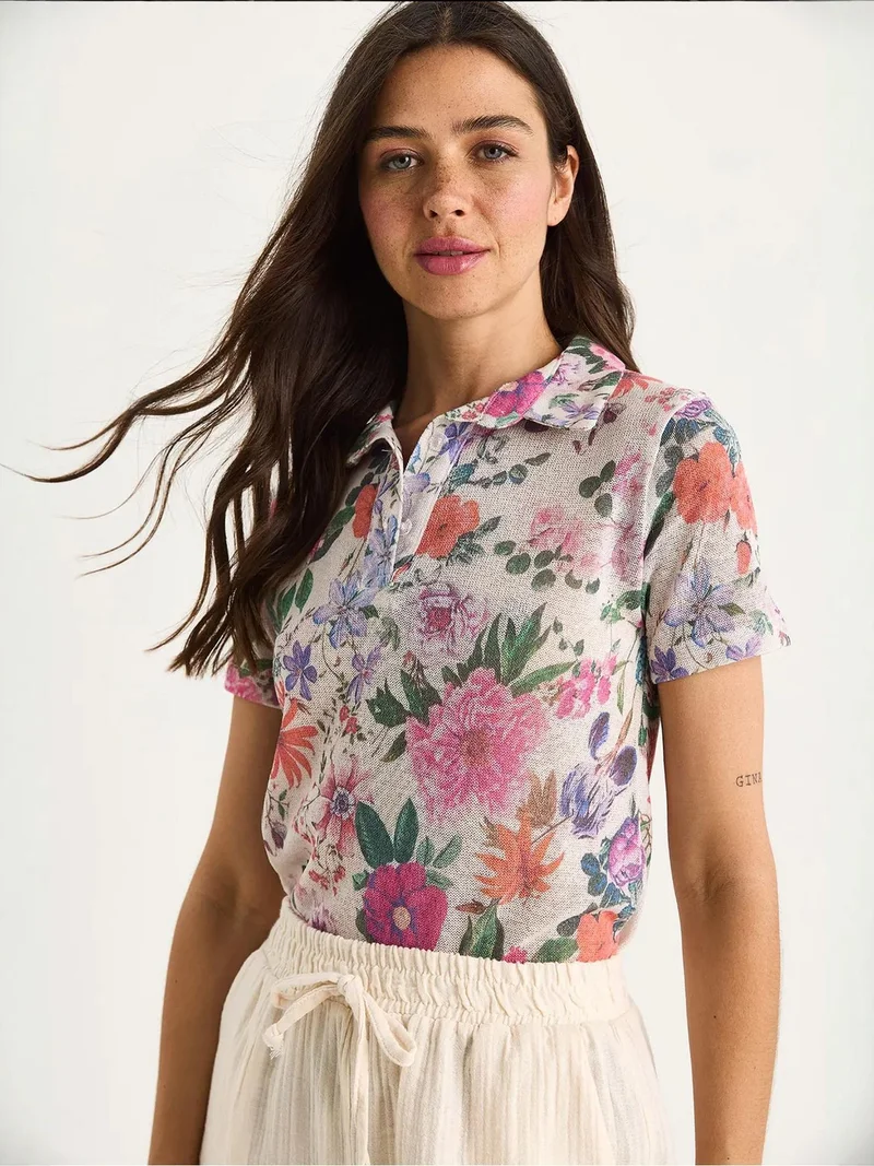 Bianco Lucci LUCCI Flowery Polo Shirt Blouse