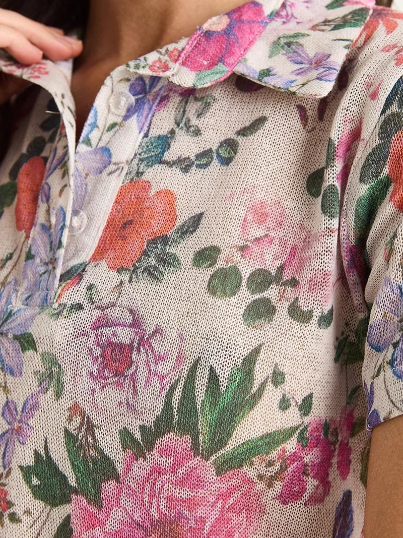 Bianco Lucci LUCCI Flowery Polo Shirt Blouse