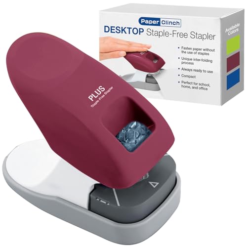Plus Paper Clinch Desktop Staple-Free Stapler, Wine - Image 1