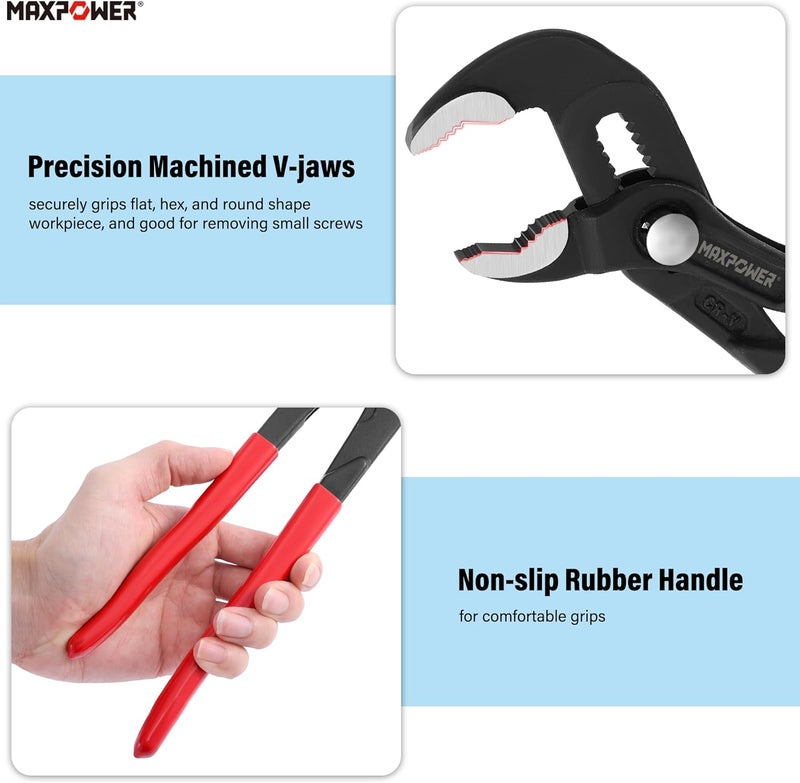 Max Power 7" 10" 12" Water Pump Pliers Set, Quick Adjustment Push Button Locks Pliers, with Max Jaw Capacity 0.98" 1.4" 1.6" - Image 5