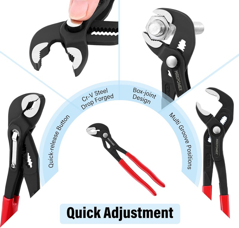 Max Power 7" 10" 12" Water Pump Pliers Set, Quick Adjustment Push Button Locks Pliers, with Max Jaw Capacity 0.98" 1.4" 1.6" - Image 3