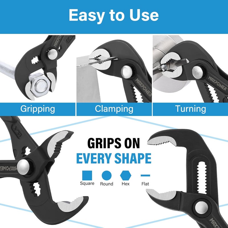 Max Power 7" 10" 12" Water Pump Pliers Set, Quick Adjustment Push Button Locks Pliers, with Max Jaw Capacity 0.98" 1.4" 1.6" - Image 4
