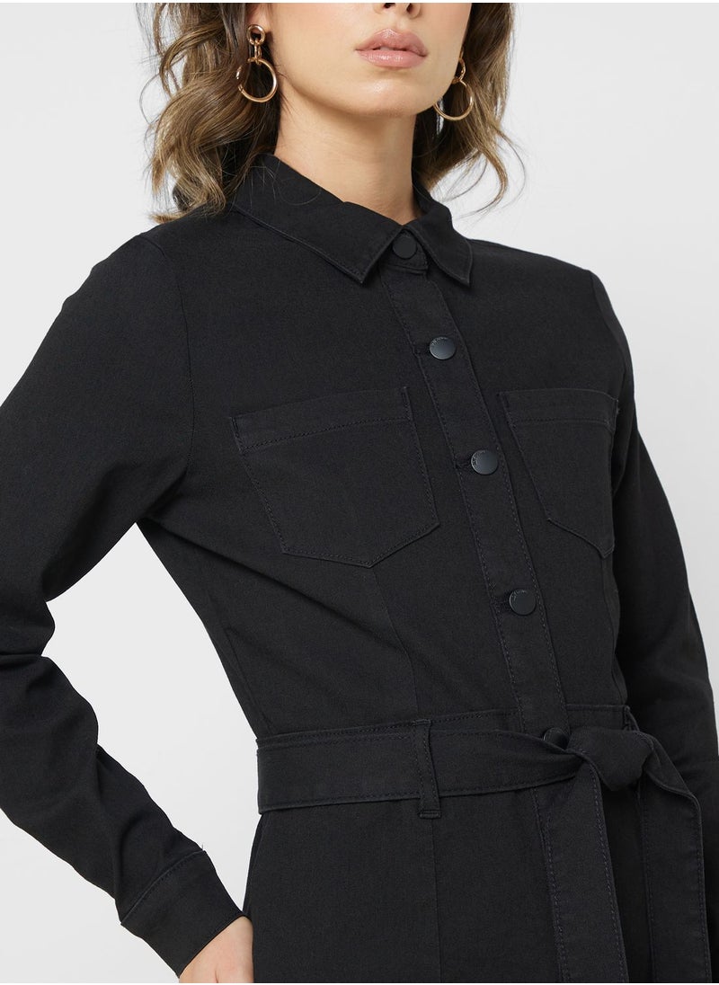 Jacqueline de Yong - Belted Pocket Detail Denim Dress - Image 1