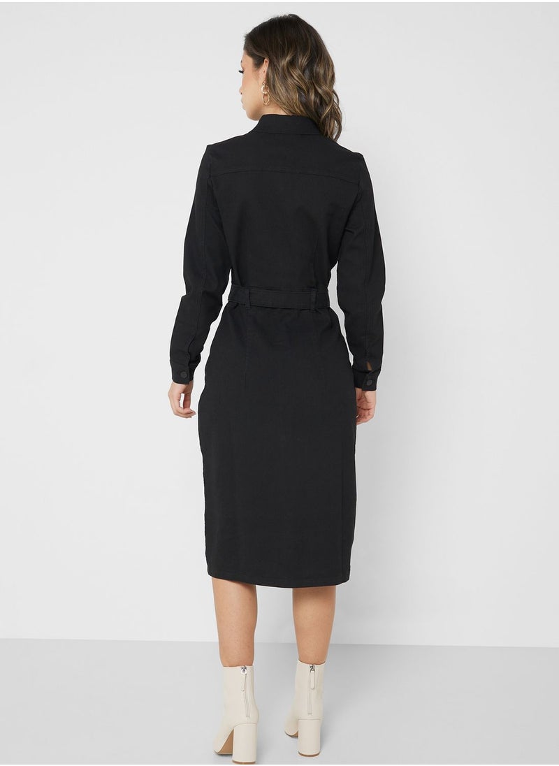 Jacqueline de Yong - Belted Pocket Detail Denim Dress - Image 1