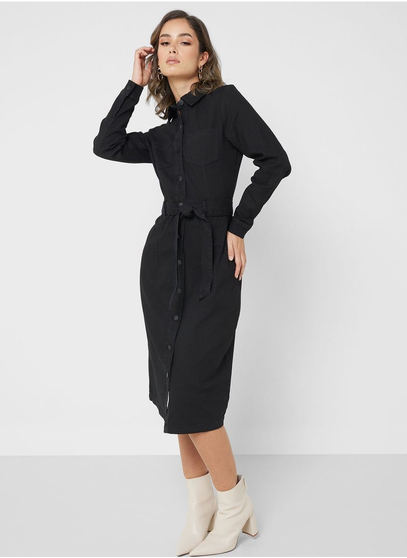 Jacqueline de Yong - Belted Pocket Detail Denim Dress - Image 1