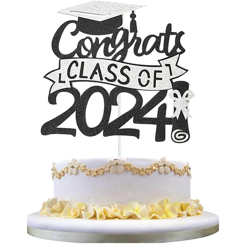 Chewarelly 1 Pack 2024 Class Of cake Topper  Glitter Congrats Grad Cake Decor Graduation Cake Picks for Senior High School College Grad Party Decorations Supplies(Black with Orange) A - Image 1