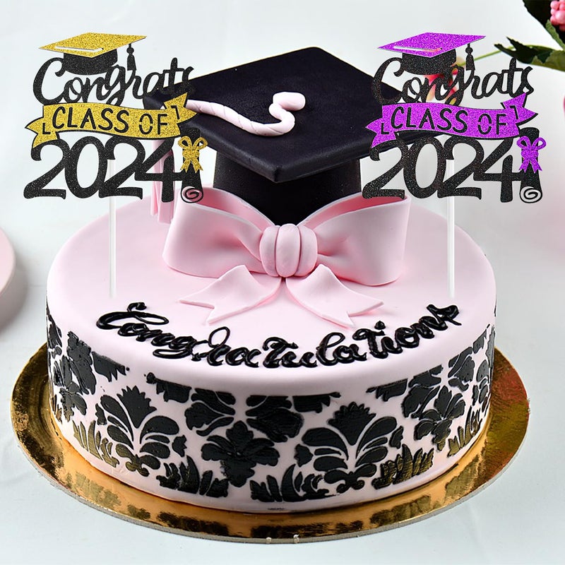 Chewarelly 1 Pack 2024 Class Of cake Topper  Glitter Congrats Grad Cake Decor Graduation Cake Picks for Senior High School College Grad Party Decorations Supplies(Black with Orange) A - Image 5