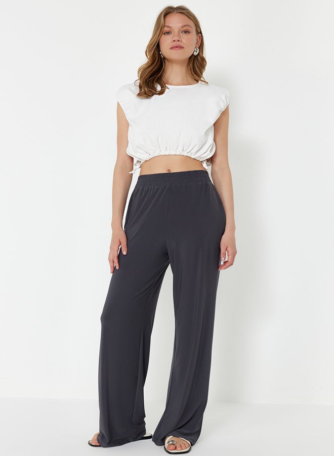 trendyol Anthracite Wide Leg/Comfort Fit High Waist Elastic Trousers - Image 3