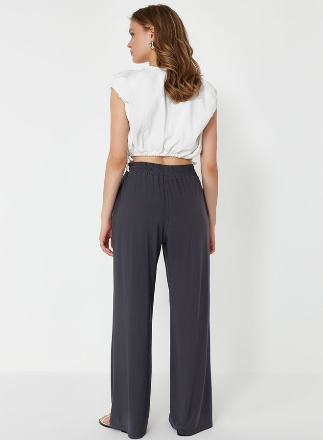 trendyol Anthracite Wide Leg/Comfort Fit High Waist Elastic Trousers - Image 5