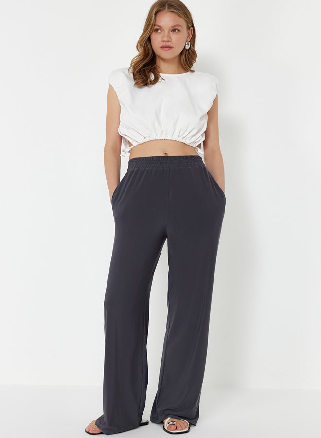 trendyol Anthracite Wide Leg/Comfort Fit High Waist Elastic Trousers - Image 1