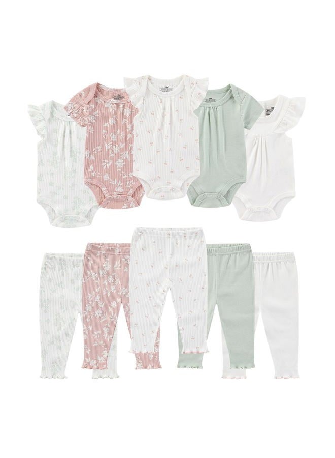 Ruliby Baby Bodysuit and Pant Set Summer Ribbed Mix Match Infant Boy Girl Clothes Outfits, Green Floral Ribbed 10 Pieces, 0-3 Months - Image 1