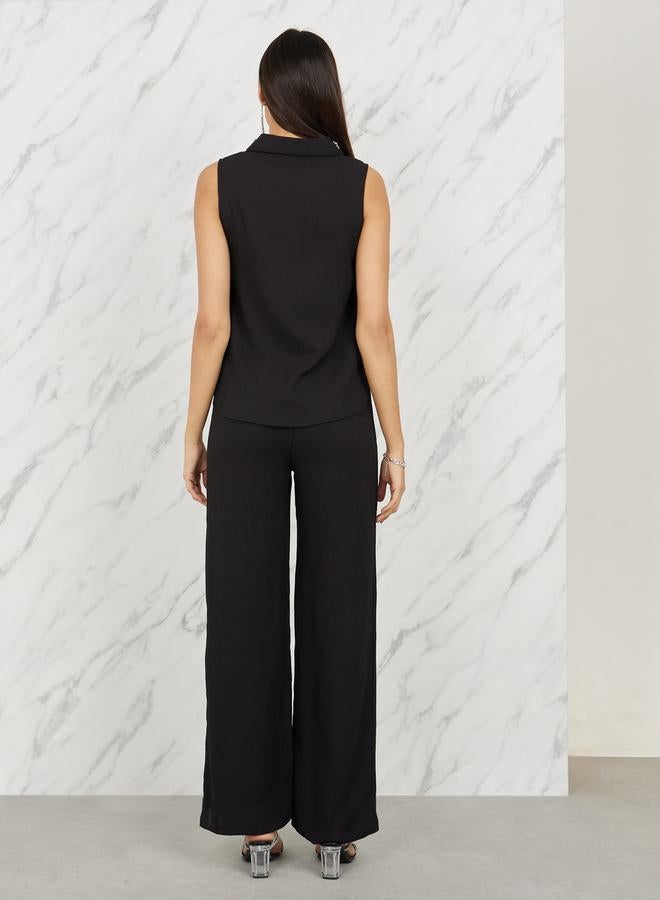 Styli Embellished Collar Textured Top and Straight Leg Pant Set  - Image 4