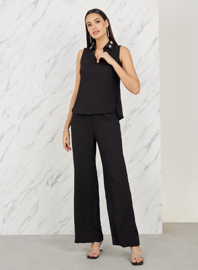 Styli Embellished Collar Textured Top and Straight Leg Pant Set  - Image 1