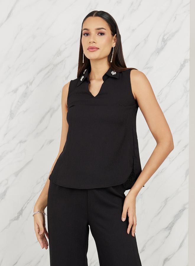 Styli Embellished Collar Textured Top and Straight Leg Pant Set  - Image 2