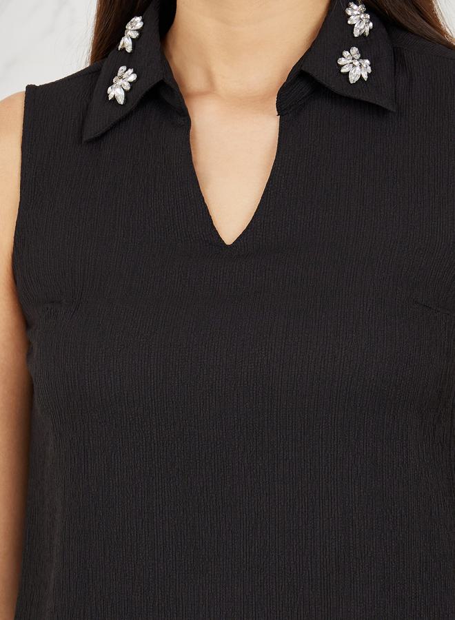 Styli Embellished Collar Textured Top and Straight Leg Pant Set  - Image 3