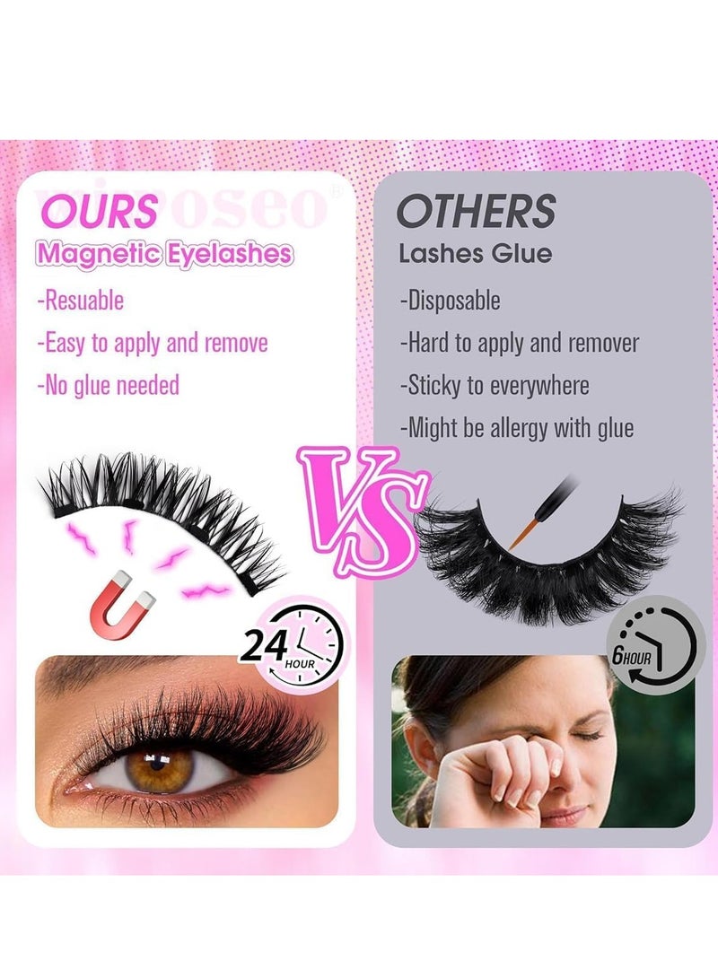 أم جي زي 4 أزواج من الرموش المغناطيسية بدون محدد عيون - رموش مغناطيسية مزدوجة قابلة لإعادة الاستخدام بمظهر طبيعي بدون غراء مجموعة رموش صناعية ثلاثية الأبعاد مع أداة وضع، رموش صناعية، سهلة الارتداء (أسود) - Image 2