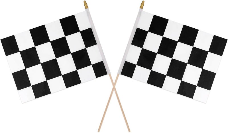 PEUTIER 2pcs 8x11 Inch Checkered Flags, Black and White Checkered Racing Stick Flag with Spear Top Reusable Race Car Flag for Kids Birthday Theme Party Sport Events Decorations Supplies - Image 1