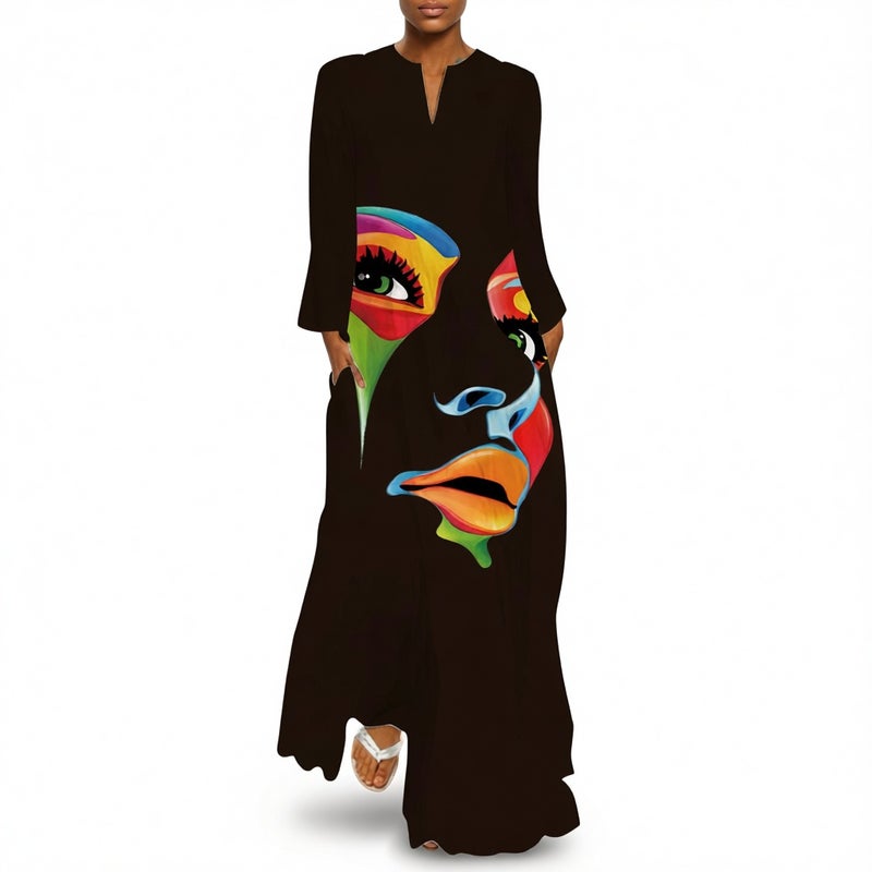 Vintage Butterfly Print Maxi Dress V-Neck Long Sleeve Side Pockets - Image 4