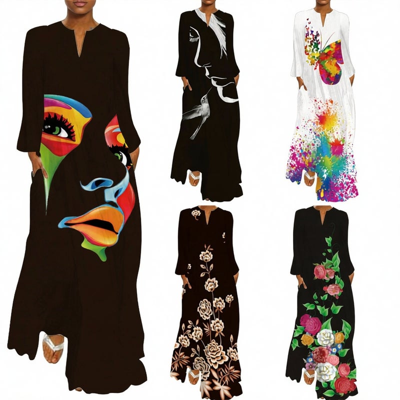 Vintage Butterfly Print Maxi Dress V-Neck Long Sleeve Side Pockets - Image 1