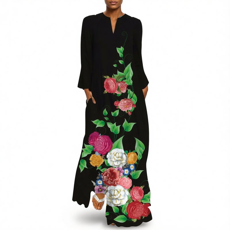 Vintage Butterfly Print Maxi Dress V-Neck Long Sleeve Side Pockets - Image 5