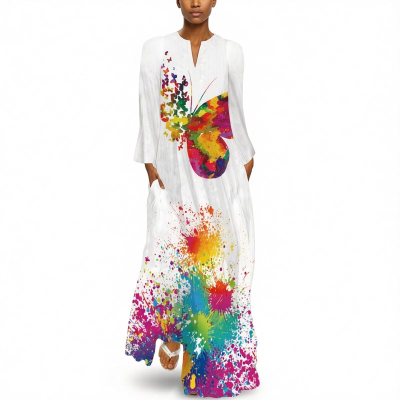 Vintage Butterfly Print Maxi Dress V-Neck Long Sleeve Side Pockets - Image 2