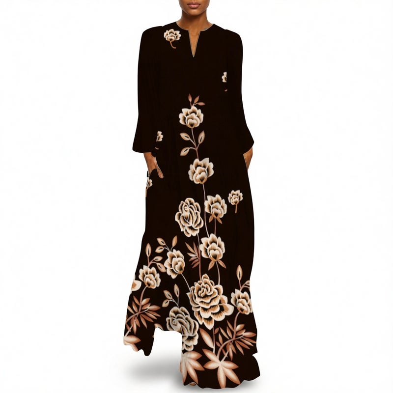 Vintage Butterfly Print Maxi Dress V-Neck Long Sleeve Side Pockets - Image 3