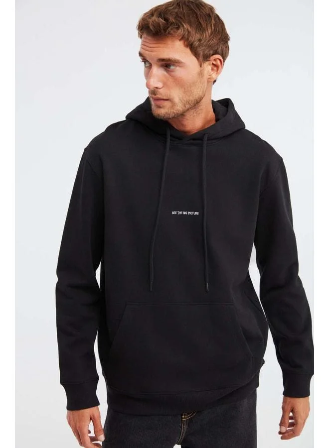 GRIMELANGE Epic Men's Soft Fabric Hooded Drawstring Regular Fit Embroidered Black Sweatshirt.