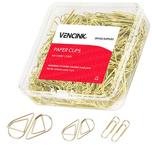 VENCINK 300 Pcs Cute Gold Paper Clips Assorted Sizes, Smooth Steel Wire Drop-Shaped Paperclips Large Medium and Small for Office Supplies School Student Girls Kids Women Wedding Decorative by VENCINK - Image 1