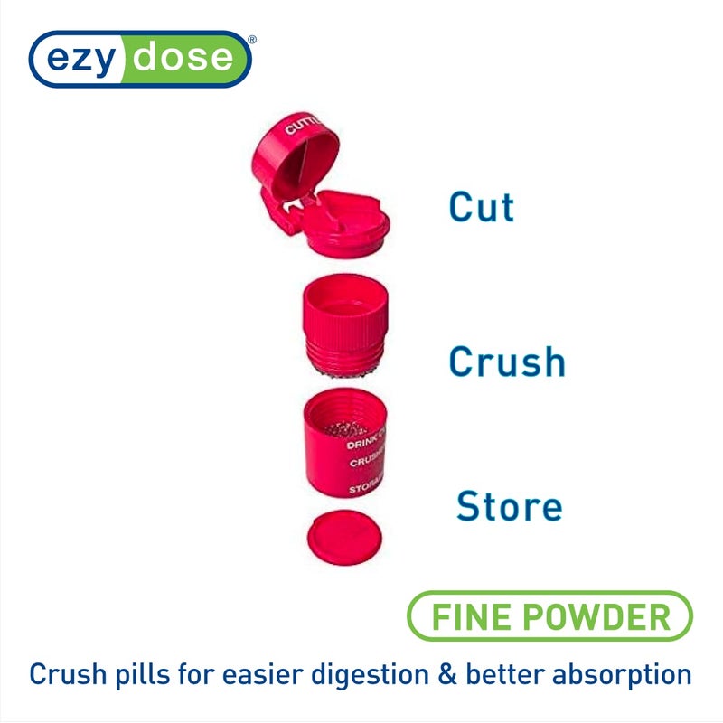 EZY DOSE 3 حجرة لطحن الأقراص، قطع وطحن، للاستخدام اليومي، قطع الأقراص بأمان، الفيتامينات، الأقراص، قطع دقيقة وسهلة، شفرة من الفولاذ المقاوم للصدأ، كوب شرب قابل للإزالة، أحمر، خالي من BPA - Image 2