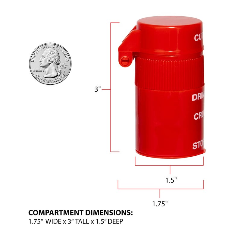 EZY DOSE 3 حجرة لطحن الأقراص، قطع وطحن، للاستخدام اليومي، قطع الأقراص بأمان، الفيتامينات، الأقراص، قطع دقيقة وسهلة، شفرة من الفولاذ المقاوم للصدأ، كوب شرب قابل للإزالة، أحمر، خالي من BPA - Image 3