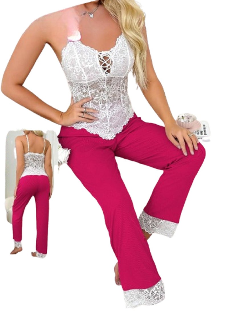 MANIKAN Women's Lace Cami Top, Pink Pants Set 