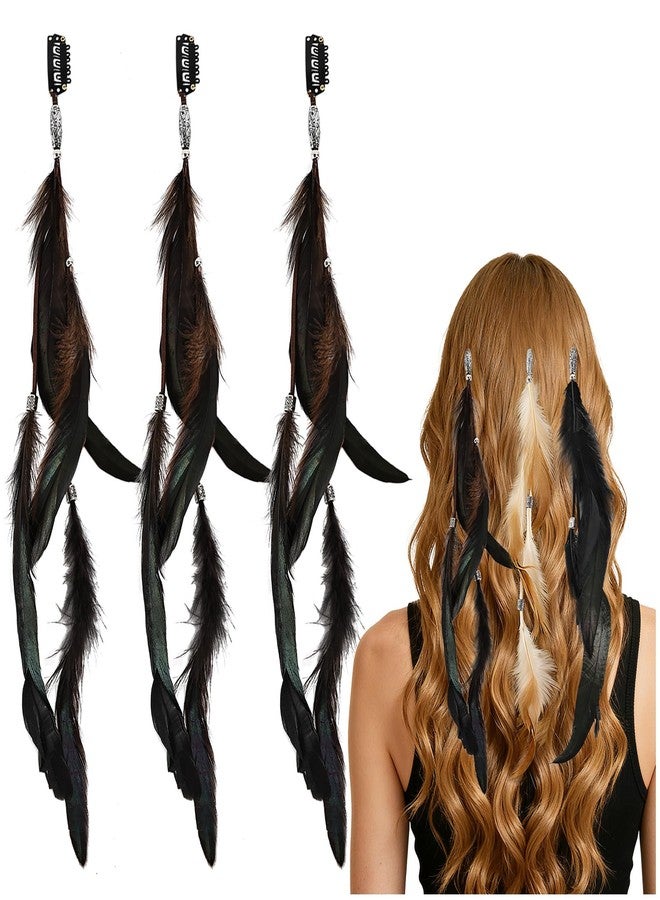 FeelfunFeather Feathers Hair Extensions for Women Boho Clip-in Hair Feather Accessories for Mardi Gras Performances Photo Shoots Carnival Party Headdress Accessory, Dark Coffee(3 Pcs) - Image 1