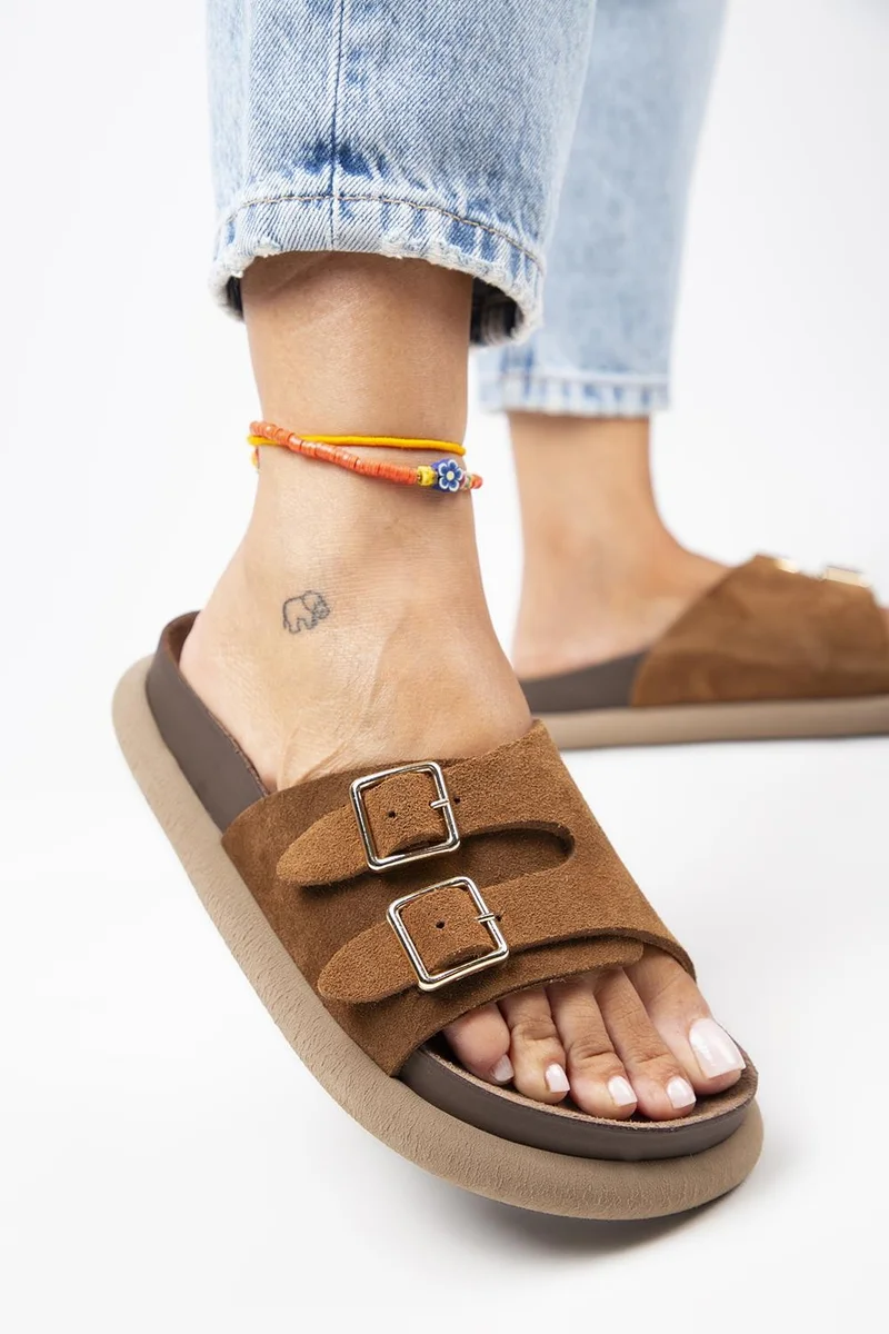 Manijero Manijero Lirio Women's Genuine Leather Single Strap Double Buckle Tan Slippers