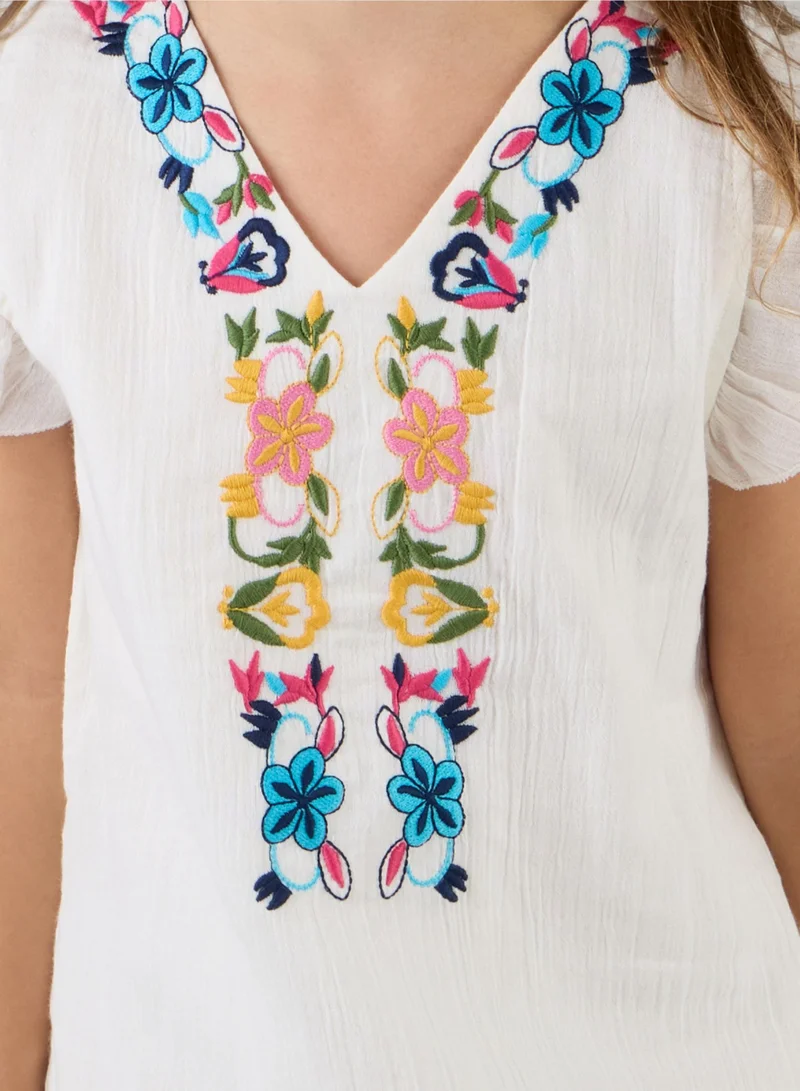 Just Nature white Embroidered Dress with Butterfly Sleeves for Women | Best Price UAE