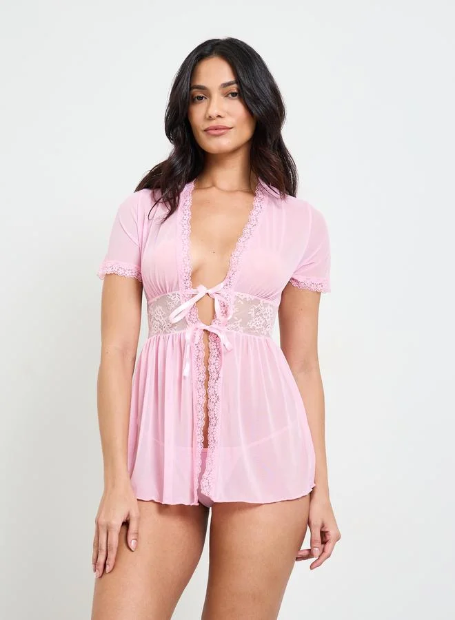 تايك تو Pink Sheer Lace Trim Babydoll with Brief Set
