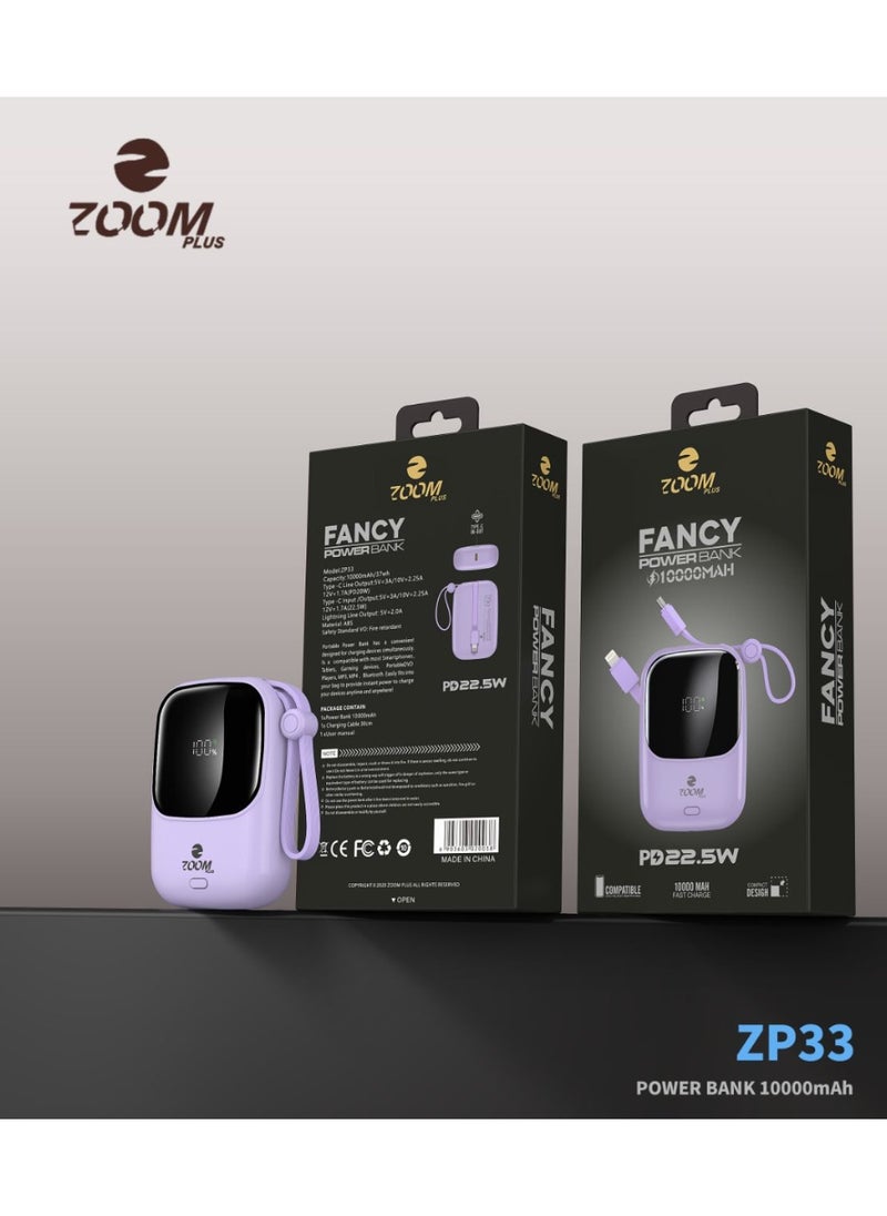 ZP33 (FANCY) 10000mAh Digital Display Fast Charge Power Bank 22.5W With Built-in Dual-Cable Lightning And Type-C - Purple